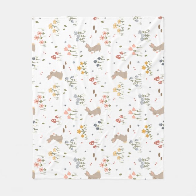 Happy Easter Bunny Wildflowers Cute Kids Bedroom Fleece Blanket (Front)