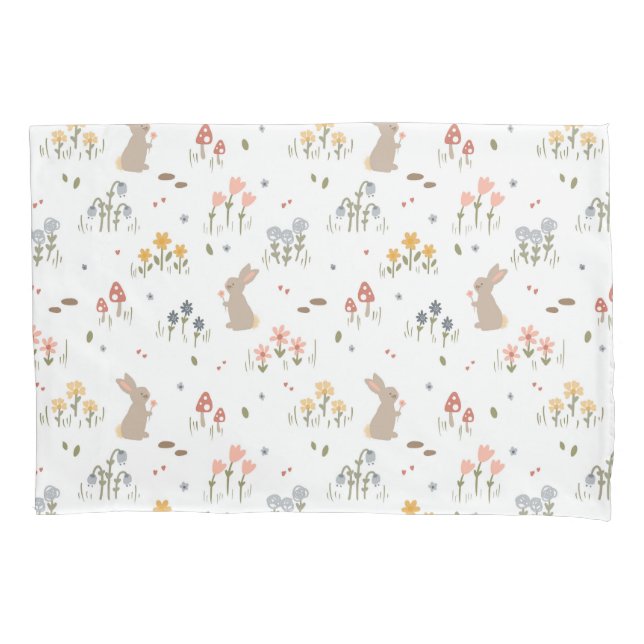 Happy Easter Bunny Wildflowers Cute Kids Bedroom Pillowcase (Front)