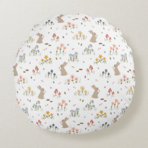 Happy Easter Bunny Wildflowers Cute Kids Bedroom Round Cushion