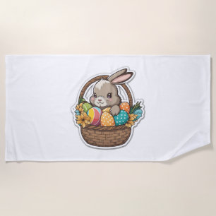 Happy Easter Bunny with a Basket of Colourful Eggs Beach Towel