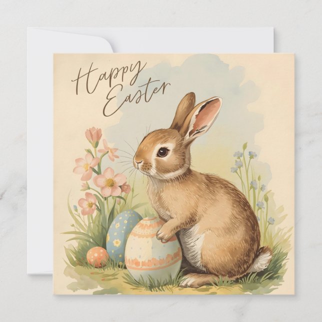 Happy Easter Bunny with Easter Eggs, Flowers  Holiday Card (Front)