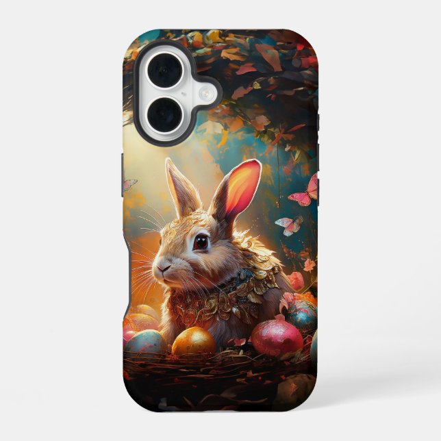 Happy Easter Bunny with Easter eggs iPhone 16 Case (Back)