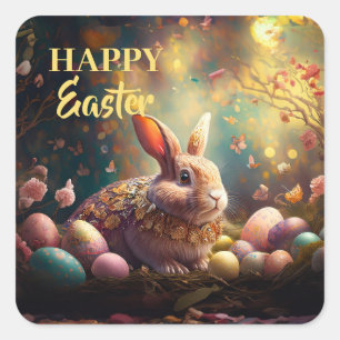 Happy Easter Bunny with Easter eggs Square Sticker
