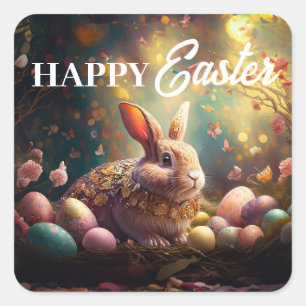 Happy Easter Bunny with Easter eggs Square Sticker
