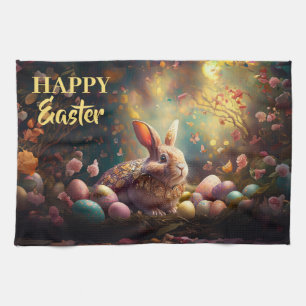 Happy Easter Bunny with Easter eggs Tea Towel