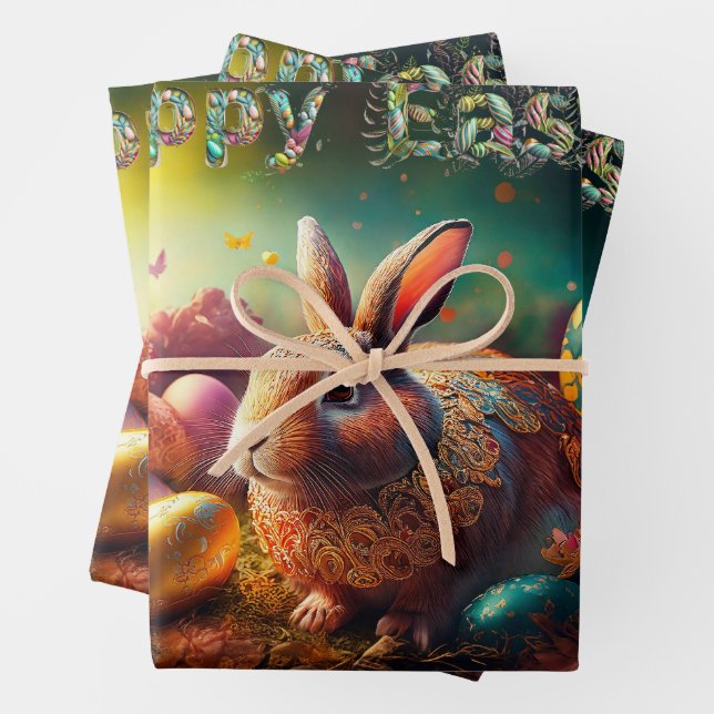 Happy Easter Bunny with Easter eggs Wrapping Paper Sheet (In situ)
