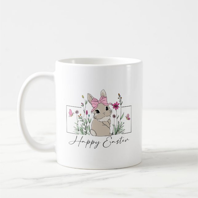 Happy Easter Bunny with Floral Design and Pink Bow Coffee Mug (Left)