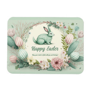 Happy Easter Bunny with Pastel Eggs and Flowers Magnet
