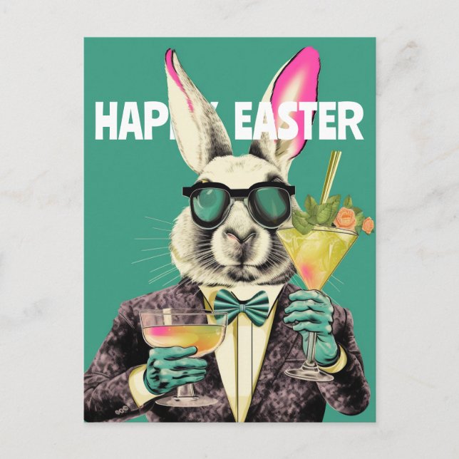 Happy Easter Bunny with Sunglasses Cocktails Funny Postcard (Front)