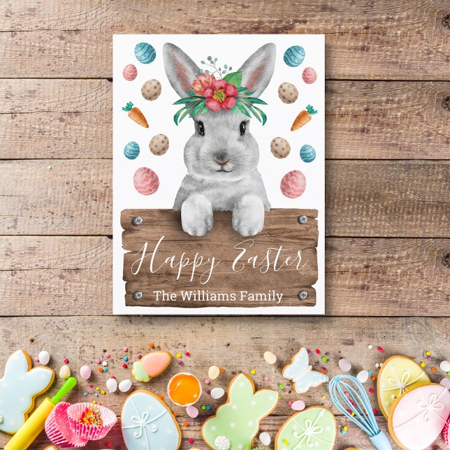 happy easter  bunny with wood sign and eggs postcard (Creator Uploaded)