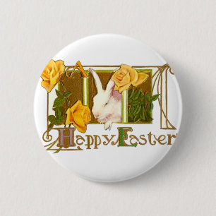 Happy Easter Bunny with Yellow Roses 6 Cm Round Badge