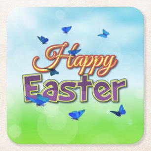 Happy Easter butterflies Square Paper Coaster