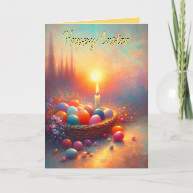 Happy Easter Candle Basket Folded Holiday Card (Front)