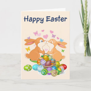 Happy Easter Card- 2 Bunnies- Coloured Easter eggs Holiday Card
