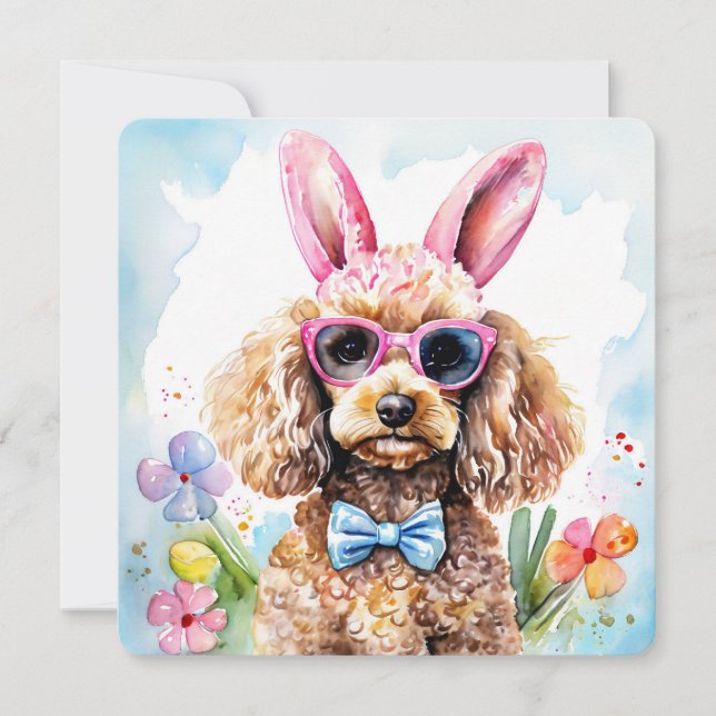 Happy Easter Card Cute Bunny Poodle Watercolor Dog (Front)