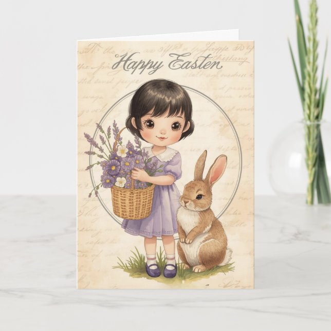 Happy Easter Card - Girl Bunny with Lavender (Front)