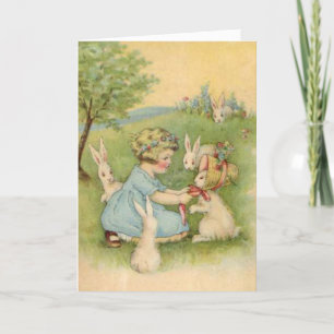 Happy Easter Card, Little Girl with White Bunnies Holiday Card