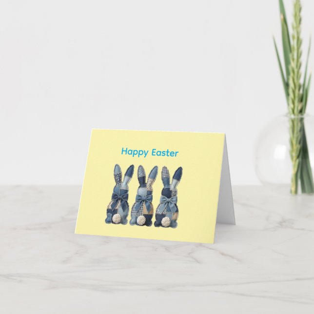 Happy Easter card with denim cute bunnies (Front)
