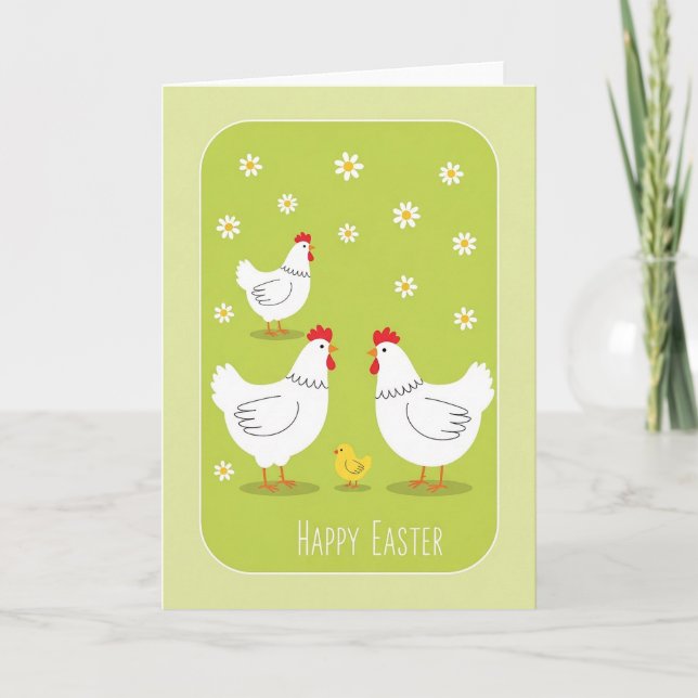 Happy Easter Card With White Hens and Yellow Chick (Front)
