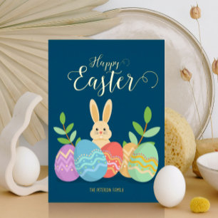 Happy Easter Cartoon Bunny & Eggs Gold Foil Holiday Card