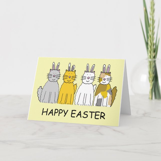 Happy Easter, Cartoon Cats Dressed as Bunnies. Holiday Card (Front)