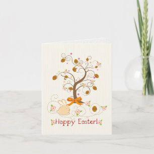 Happy Easter Cartoon Tree Eggs & A Bunny Holiday Card