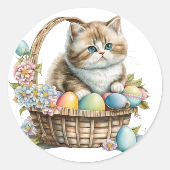Happy Easter Cat Basket with Easter eggs & flowers Classic Round Sticker (Front)