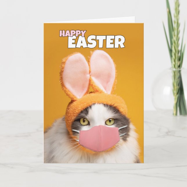 Happy Easter Cat in Bunny Ears and Face Mask Humou Holiday Card (Front)