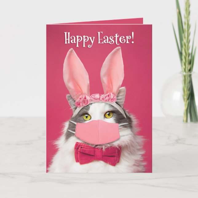 Happy Easter Cat in Bunny Ears and Face Mask Humou Holiday Card (Front)