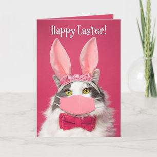 Happy Easter Cat in Bunny Ears and Face Mask Humou Holiday Card