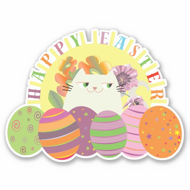 Happy Easter Cat Sticker Cute Eggs Floral (Front)