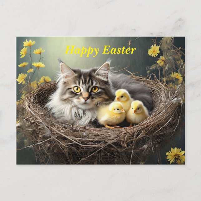 Happy Easter Cat with chicks  Postcard (Front)