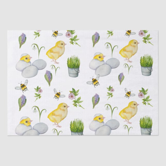 Happy Easter chick and spring flowers Tissue Paper (Front)