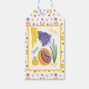 Happy Easter chick, egg, grape hyacinth pattern Gift Tags