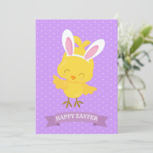 Happy Easter Chick Rabbit Ears Purple Yellow Cute Holiday Card
