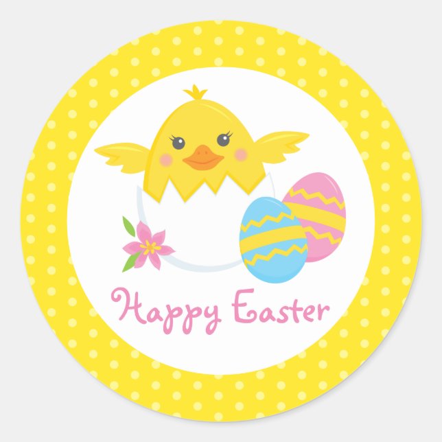 Happy Easter Chick Round Stickers for Kids (Front)