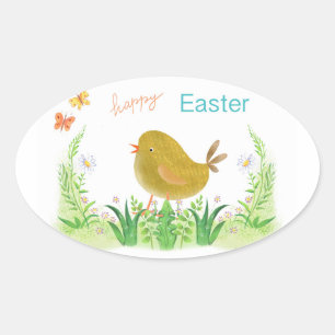 Happy easter , chicken and flowers oval sticker