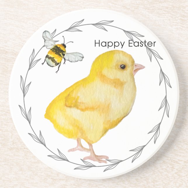 Happy Easter chicken and spring flowers Coaster (Front)