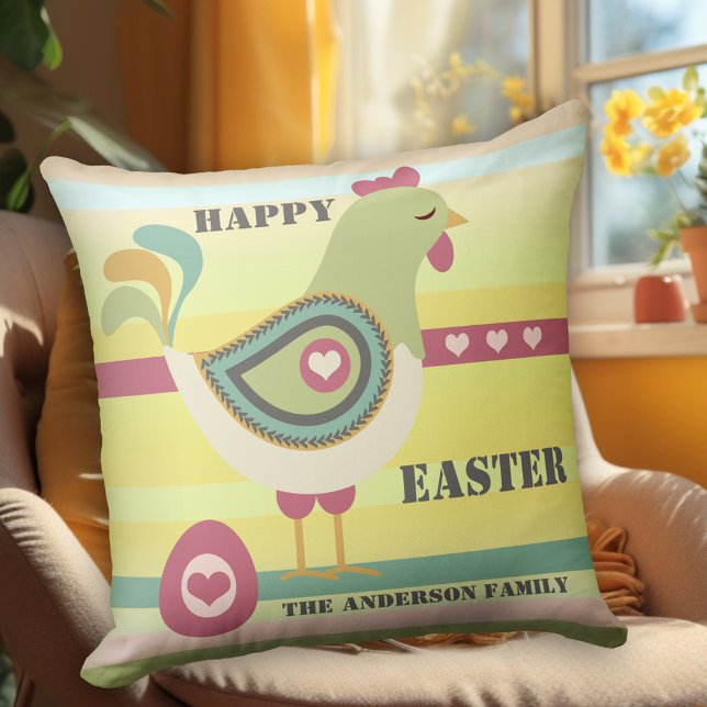 Happy Easter Chicken with Egg Pastel Pillow (Personalized pillow featuring a cute chicken with egg in lovely pastel colors)