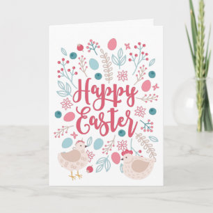 Happy Easter Chickens and Flowers Holiday Card