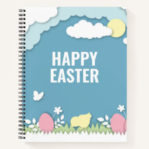 Happy easter chicks and egg in nature notebook