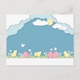 Happy easter chicks and egg, spring papercut postcard