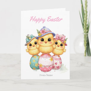Happy Easter Chicks Card   Cute Hats & Eggs