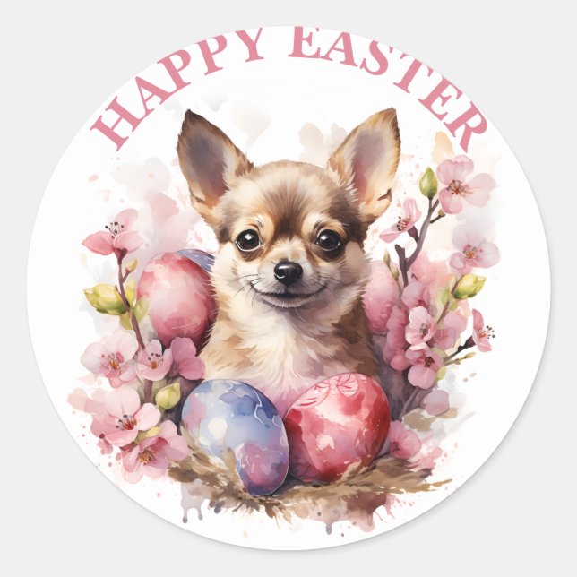 Happy Easter Chihuahua Eggs and Flowers -   Classic Round Sticker (Front)
