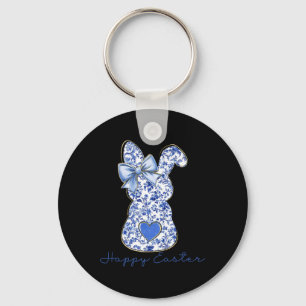 Happy Easter Chinoiserie Floral Bunny Cute Blue Bo Key Ring