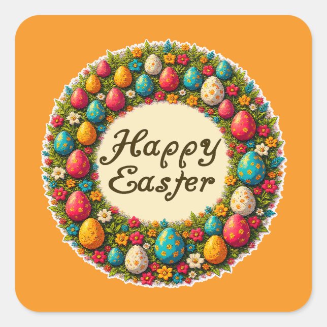 Happy Easter – Classic Wreath Design Autocolante Square Sticker (Front)