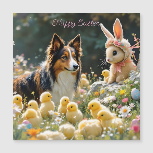 Happy Easter Collie and Chicks Magnet (Front)