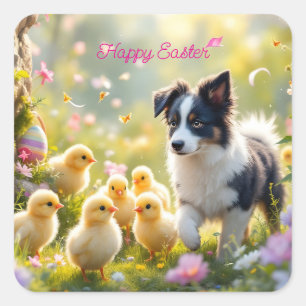 Happy Easter Collie and Chicks Square Sticker
