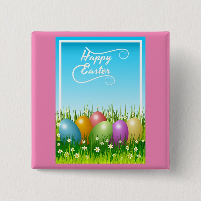 "HAPPY EASTER" COLORFUL EASTER EGGS 15 CM SQUARE BADGE (Front)