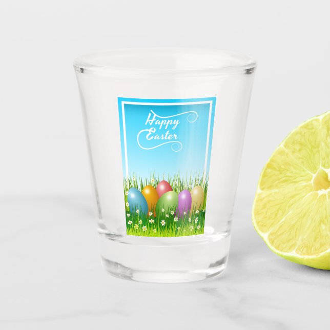 "HAPPY EASTER" COLORFUL EASTER EGGS SHOT GLASS (Front)